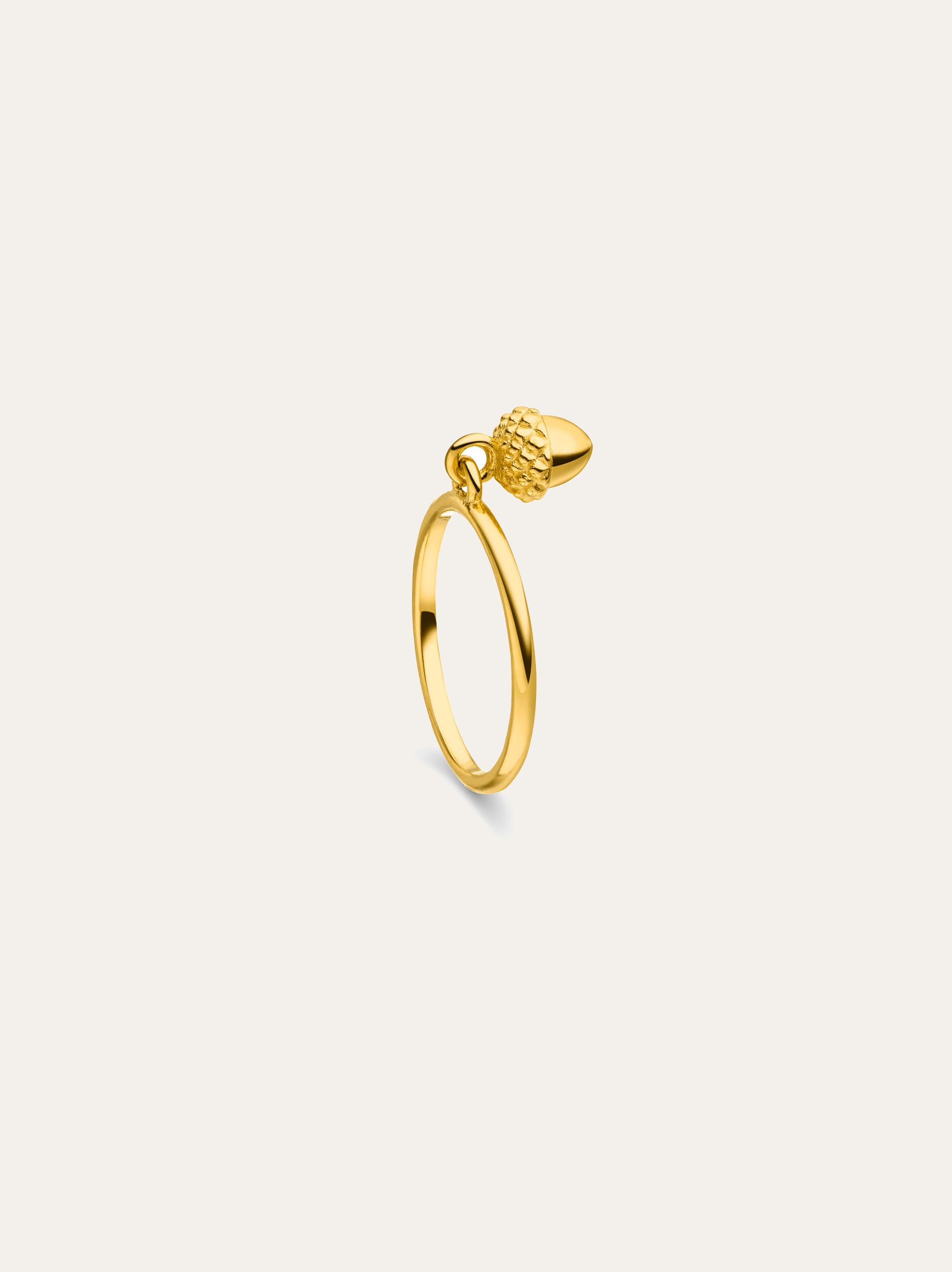Idamari Acorn Charm Ring: 18k Fairtrade gold, acorn lucky charm ring, dainty & elegant.
